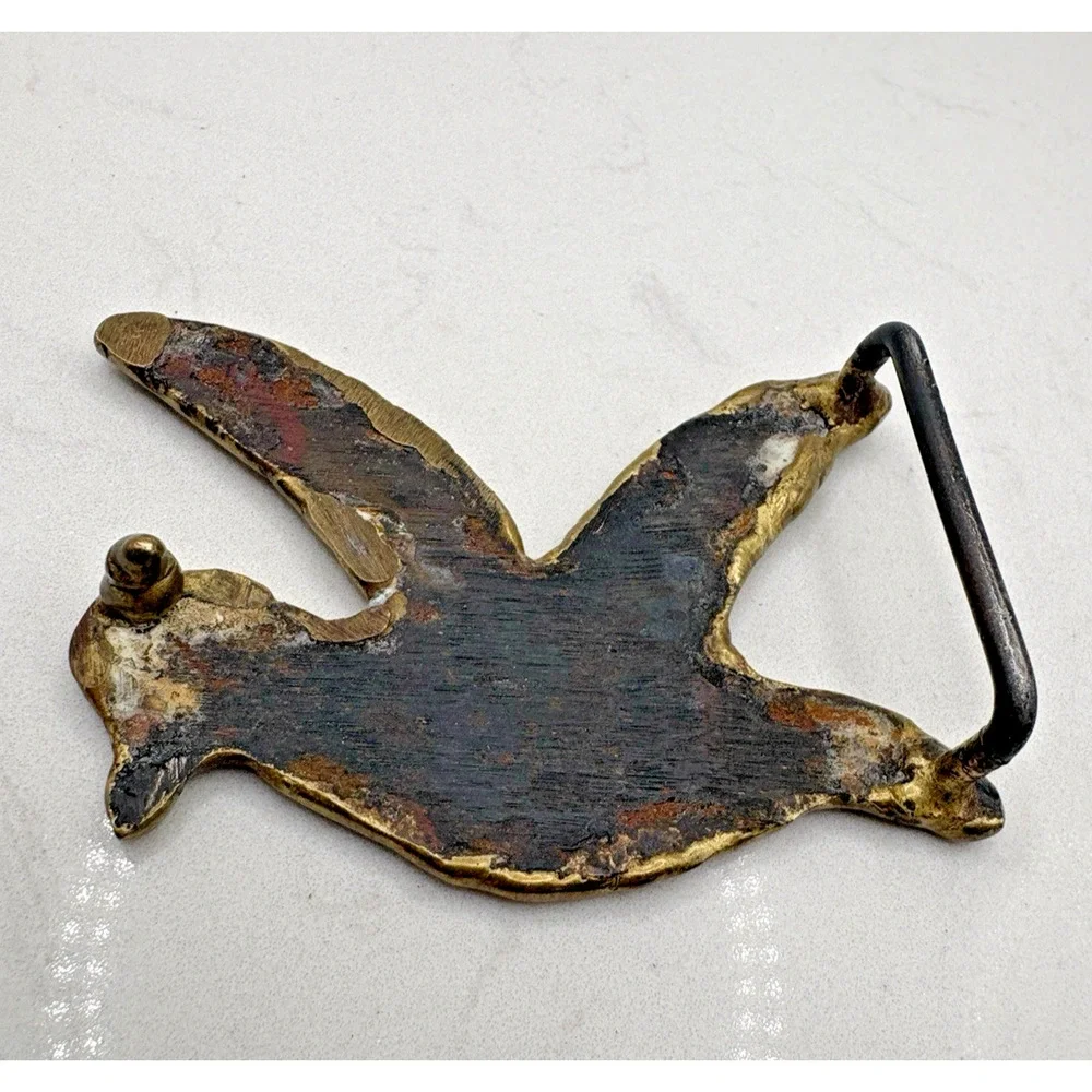 Brass Flying Bird Belt Seagull Beaked Bird Buckle Wood Base Vintage 3.5